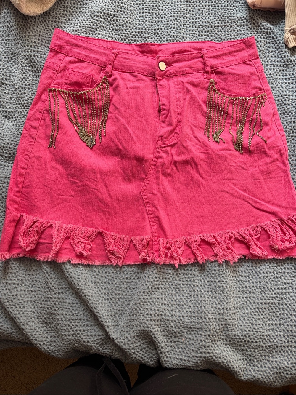 Women’s Pink Fringe Mini Skirt with Chain Accent